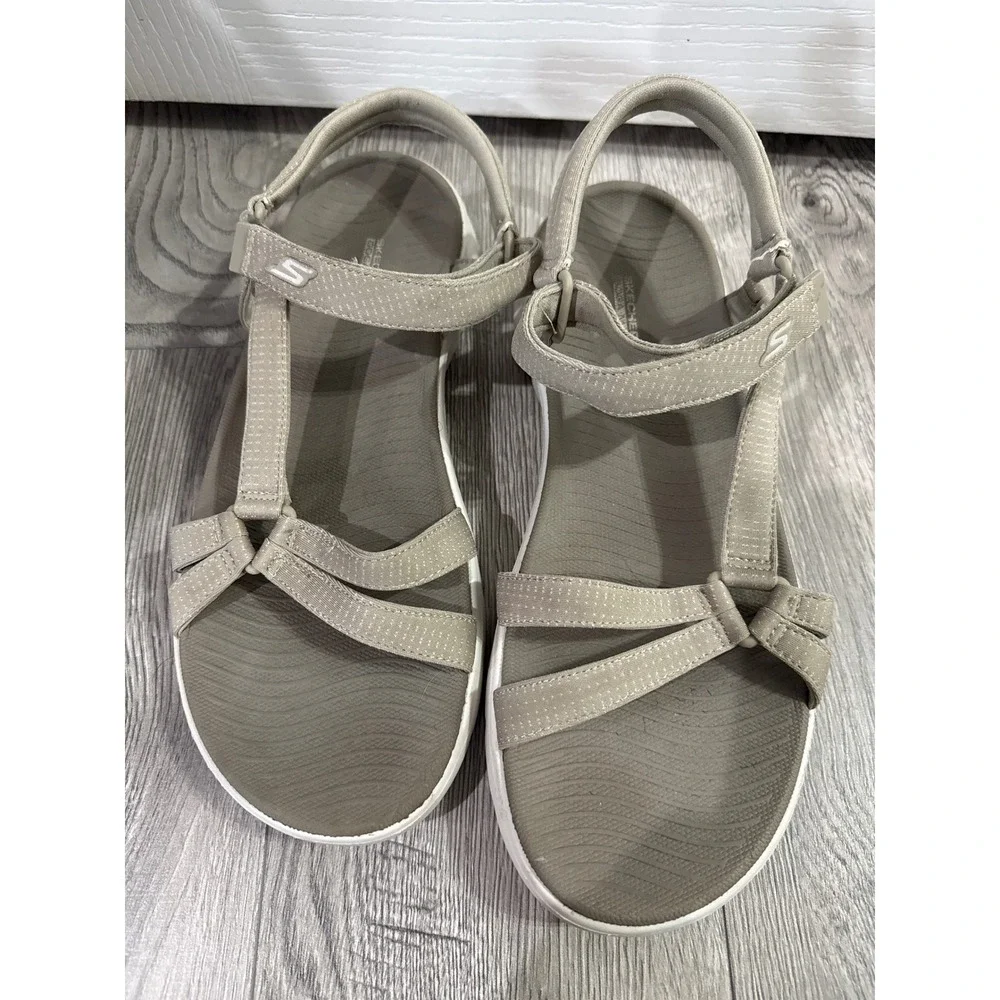 Skechers GoWalk Goga Mat Sandals Womens Taupe Strappy Walking Shoes Sz 12